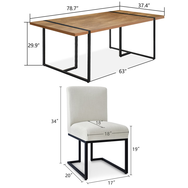 7-Piece Modern Rectangular Dining Table Set For 6 With Upholstered Dining Chairs, Cream