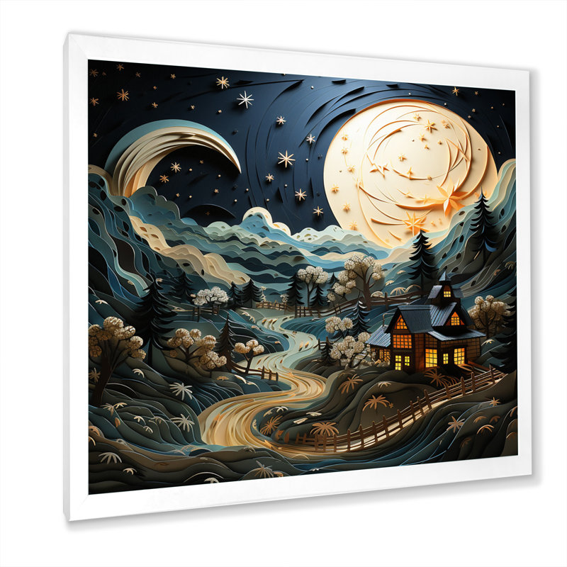 Paysage avec grange au clair de lune - impression, H 36 po x l 36 po x P 1,5 po, Cadre simple blanc