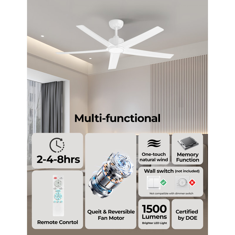 2pcs 52" Emileo Ceiling Fan With Led Lights Indoor, White, White
