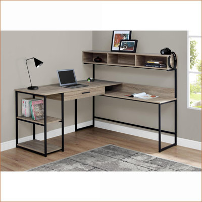 Desks, Contemporary L-Shape Computer Desk with Storage Drawers &amp; Cubbies, Brown Laminate/Black Metal | Dark Taupe | MDF