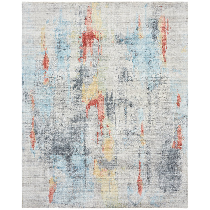 Viscose Abstract Indoor Rug, Rectangle  5'3" x 7'6", Orange/Yellow/White