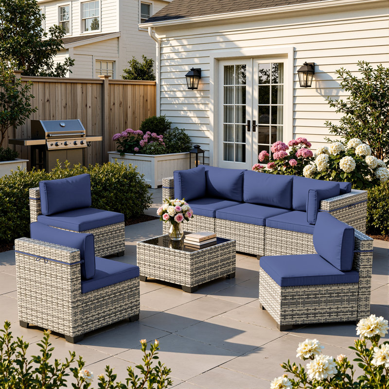 7-Piece Outdoor Sectional Sofa Set With HDPE Wicker, Cushions & Coffee Table, Modular Patio Conversation Set, Navy Blue
