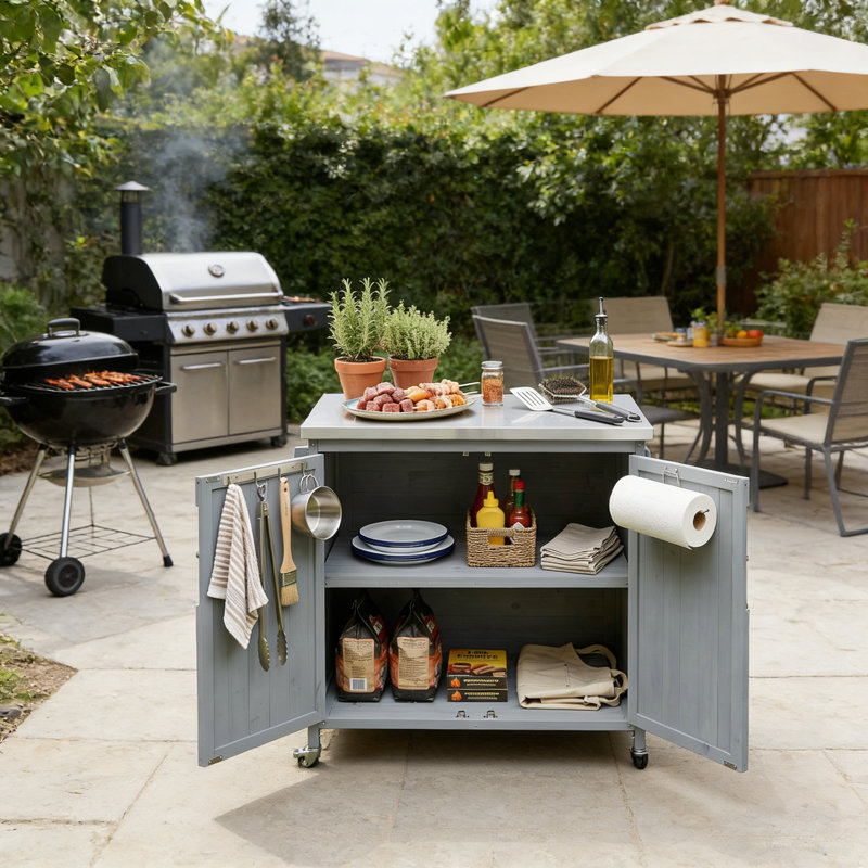 Îlot de cuisine 42 po en bois de sapin massif avec plateau en acier inoxydable et roues verrouillables, Bleu gris