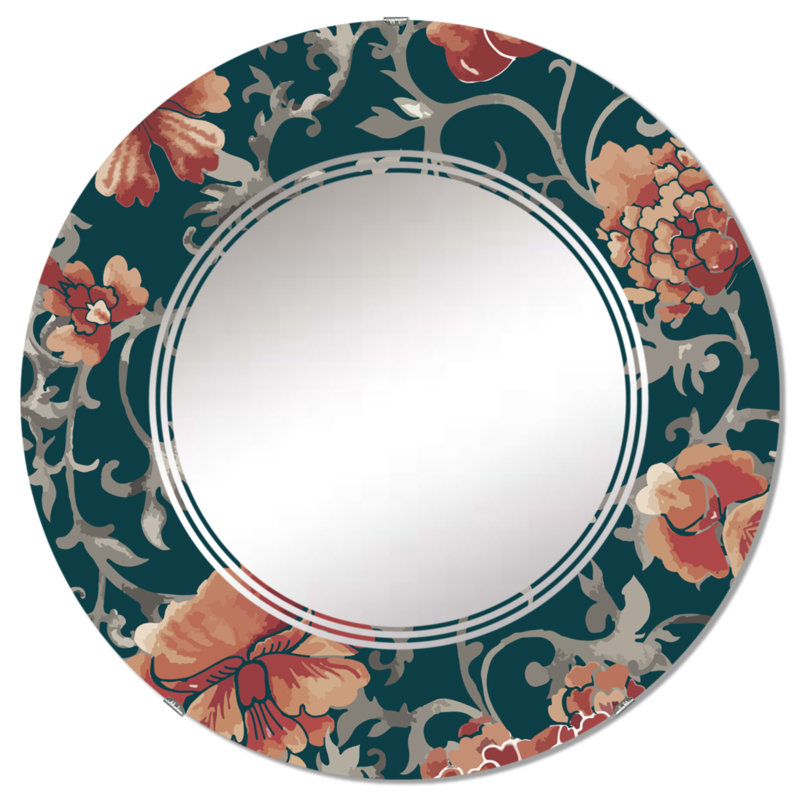 Miroir mural chinois à motif de fleurs rouges chinoises sur fond vert foncé, 24 po x 24 po