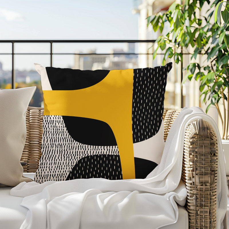 Coussin carré intérieur / extérieur pia, H 15 po x l 15 po, Jaune / noir / blanc cassé