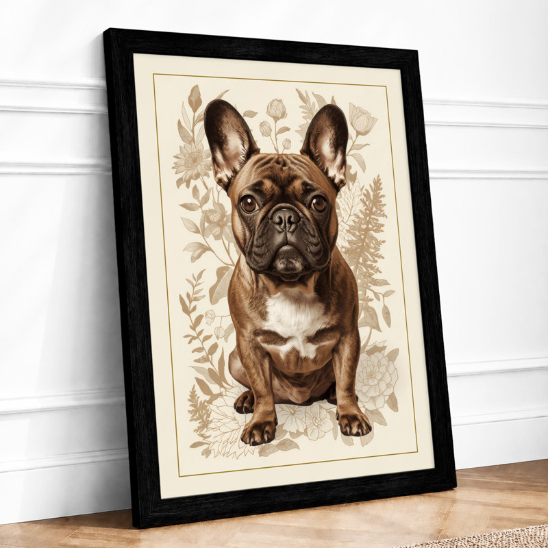 French Bulldog Portrait Botanical - Framed Print, A2 - 59.4 x 42.0 cm, Black
