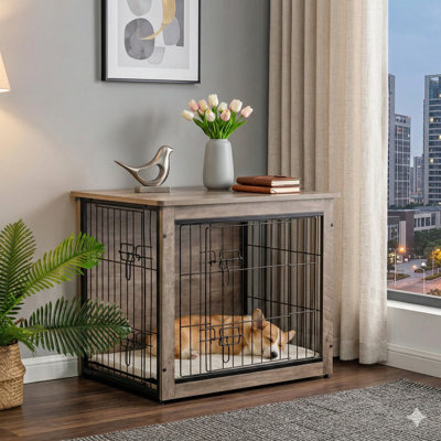 Table de chenil en bois avec coussin et portes doubles, fonctionnant comme niche intérieure, disponible en petites et très grandes tailles, longueur 27,2 pouces, finition grège
