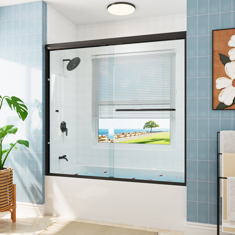 Castalia 55" - 59" W x 56" H Double Sliding Semi-Frameless Tub Door with Clear Glass, Matte Black