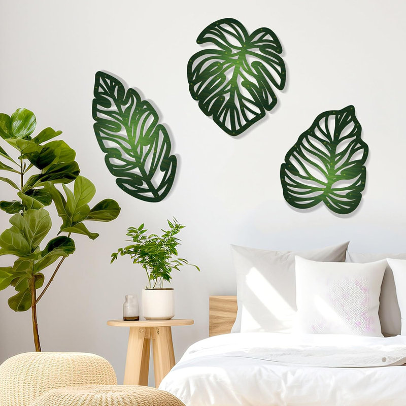 3 Pcs Wooden Palm Leaves Wall Art Tropical Leaf Wall Art Natural Plant Wall Decor Tropical Plant Wall Sculptures For Living Room Kitchen Bedroom Garden (Farmhouse, Leaves-A)
