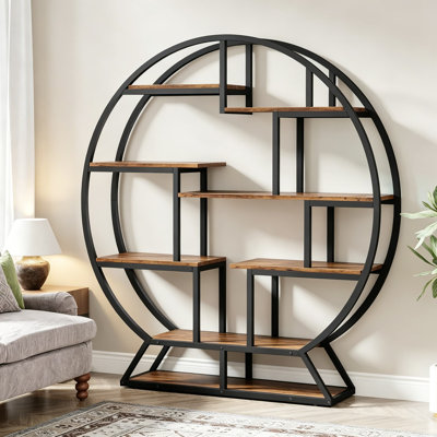 63 Inch Industrial Round Bookshelf With Staggered Shelves, Rustic Wood Bookcase And Open Shelving Display Rack For Living Room, Office, Home Decor, Rustic Brown