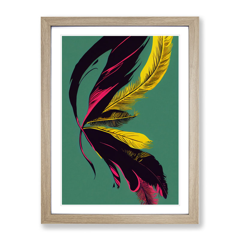 Colourful Feather No.4 - Print, 36cm H x 27cm W x 2cm D, Oak Framed, White