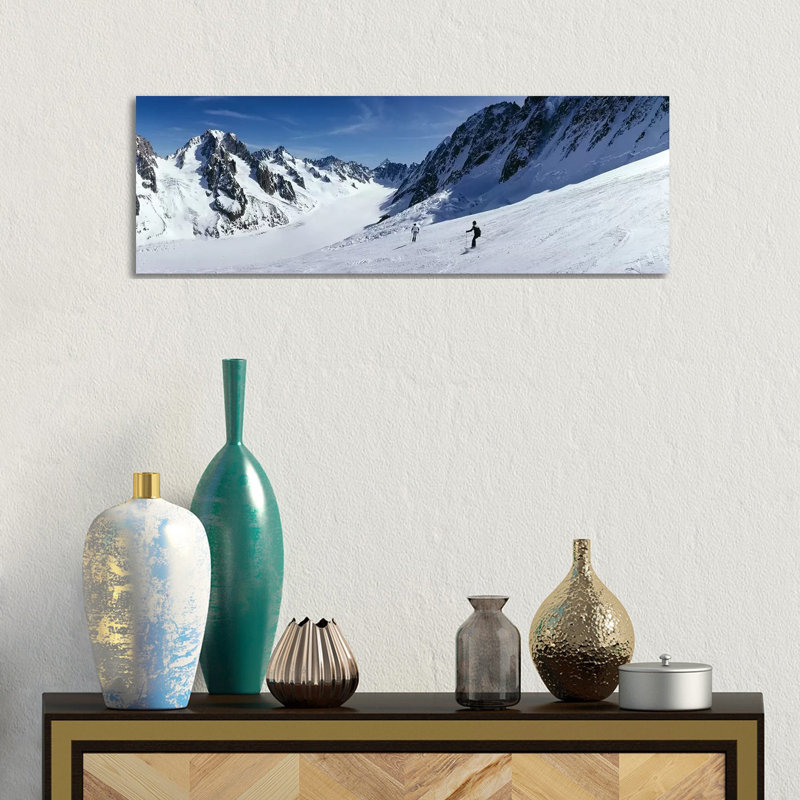Rear View Of Two People Skiing, Les Grands Montets, Chamonix, France by Panoramic Images - Wrapped Canvas Panoramic Print
