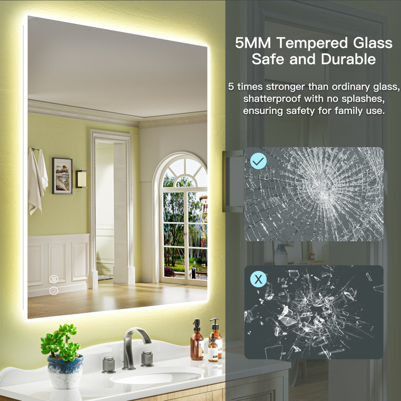 Bathroom LED Mirror with Backlit, Anti Fog Lighted Vanity Mirror with Stepless Dimmable, ETL Listed, IP54 Waterproof, CRI90+, HD Tempered Glass