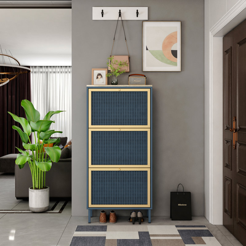 Range-chaussures 3 portes en métal / rotin, moderne - standard