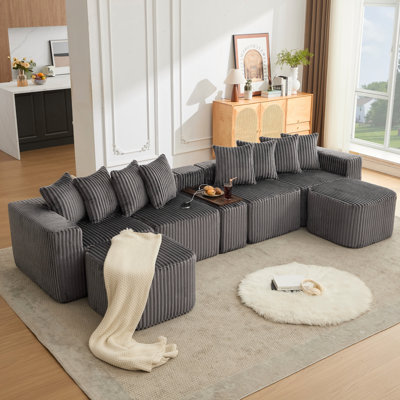 Canapé en U de 137,5 pouces avec charge USB et sans fil, table basse et repose-pieds mobile en velours côtelé gris, aucun assemblage requis, 6 sièges