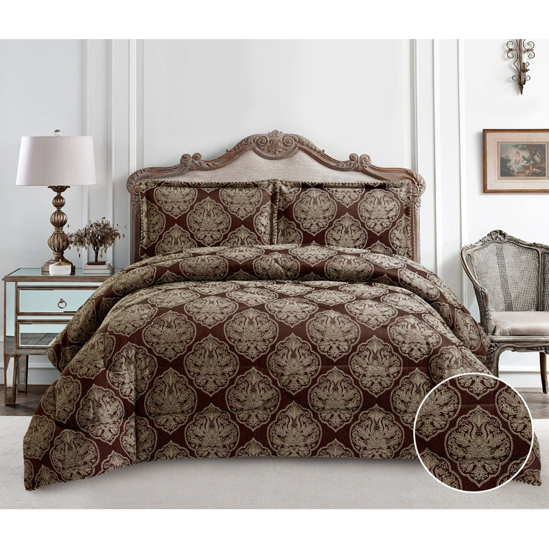 Bridal Jacquard Bedspread With Pillow Sham  Floral Printed Coverlet, Decorative Luxury All-Season Bedding, Brown