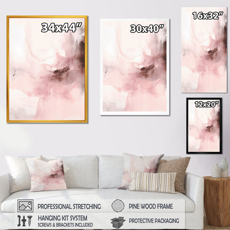 Rose délicat abstrait marbre IV - art mural abstrait en marbre, H 44 po x l 34 po x P 1,5 po, Cadre flottant doré
