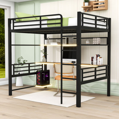 Battiste Full Metal Loft Bed Frame With Storage Shelf, Desk, LED Lights, Guardrails