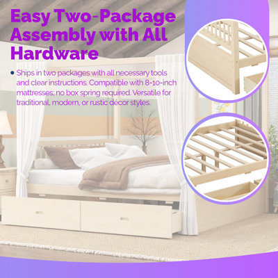 Queen\King Size Canopy Bed With Storage Drawers Solid Wood Frame, Built-in Organization