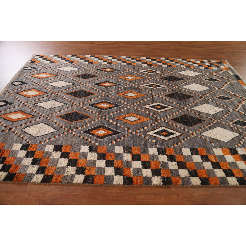 Tapis unique gris anthracite / orange en laine nouée à la main 6 pi 10 po x 9 pi 10 po New Age