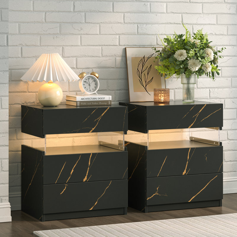 Gold and Black Modern Engineered Wood Nightstands with LED Lighting
