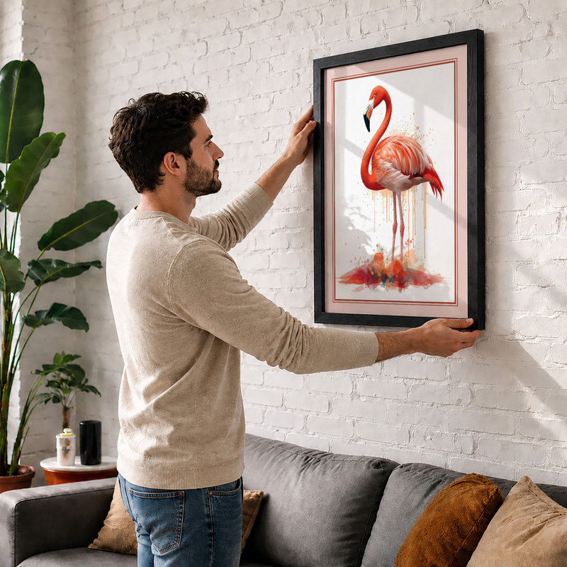 Flamingo Study Minimalist - Framed Print, A2 - 59.4 x 42.0 cm, Black