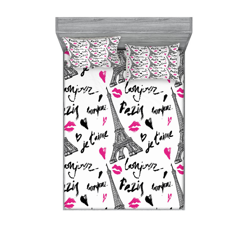 Drap-housse et coussin décoratif Ambesonne Paris - blanc, noir et rose, Ensemble de draps pour lit double + 5 pièces supp