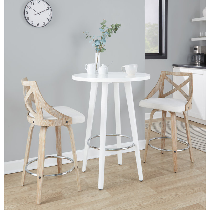 Tabouret de comptoir à hauteur fixe de 26 po avec pieds en bois courbé et repose-pieds rond Dannie, White Washed Wood/Chrome