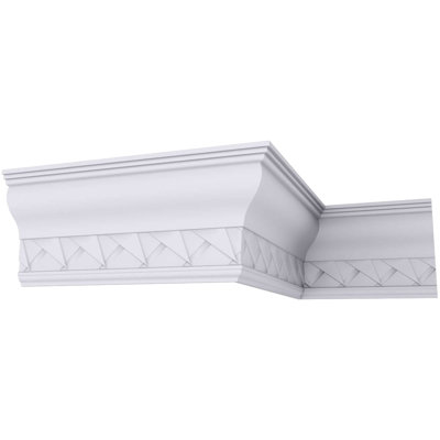Endurathane Woodruff Crown Moulding, 9 1/8"H x 3 3/4"P x 9 7/8"F x 94 1/4"L, (4" Repeat), Factory Primed