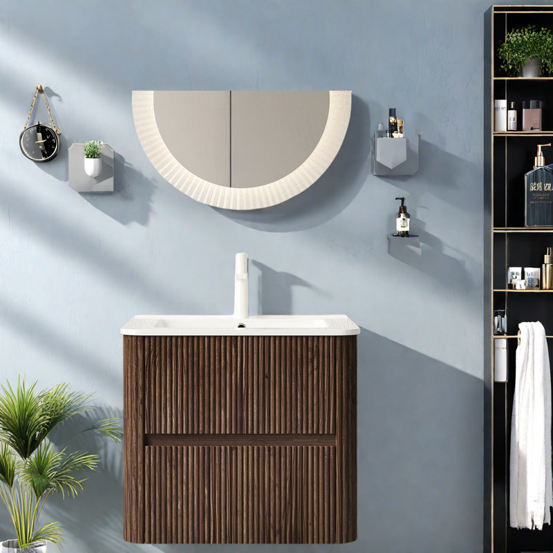 Meuble-lavabo mural moderne avec lavabo, conception en noyer contreplaqué pour salle de bain contemporaine