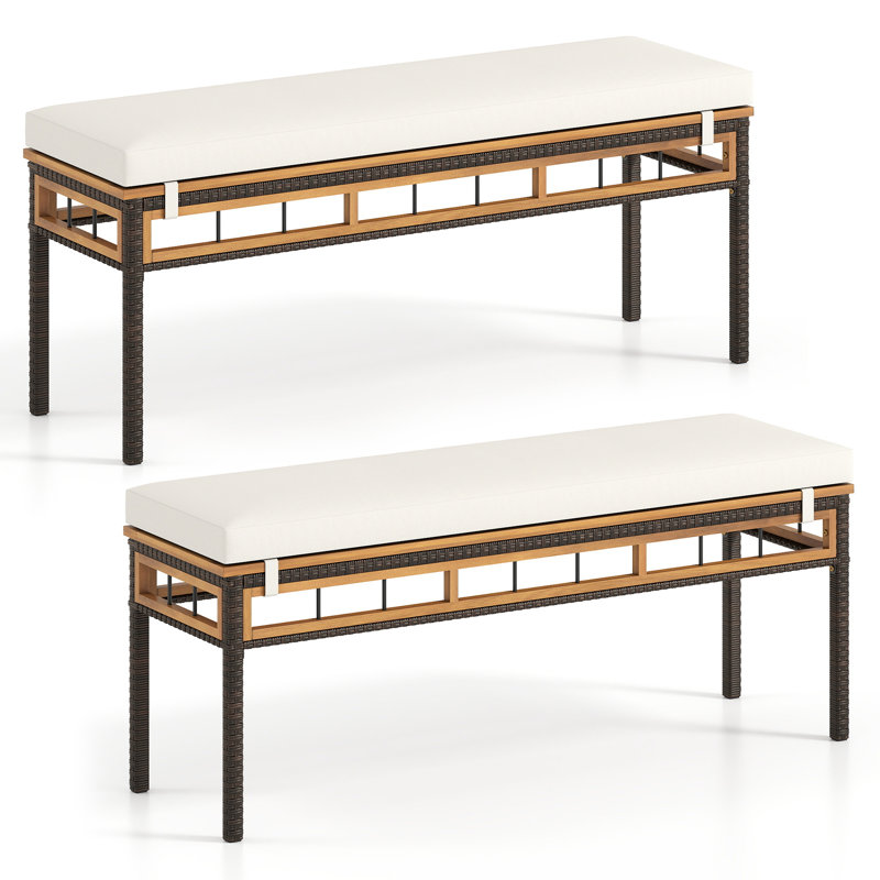 2 pièces Banc de patio en osier de 48 po avec siège en bois d'acacia et coussin rembourré amovible pour terrasse