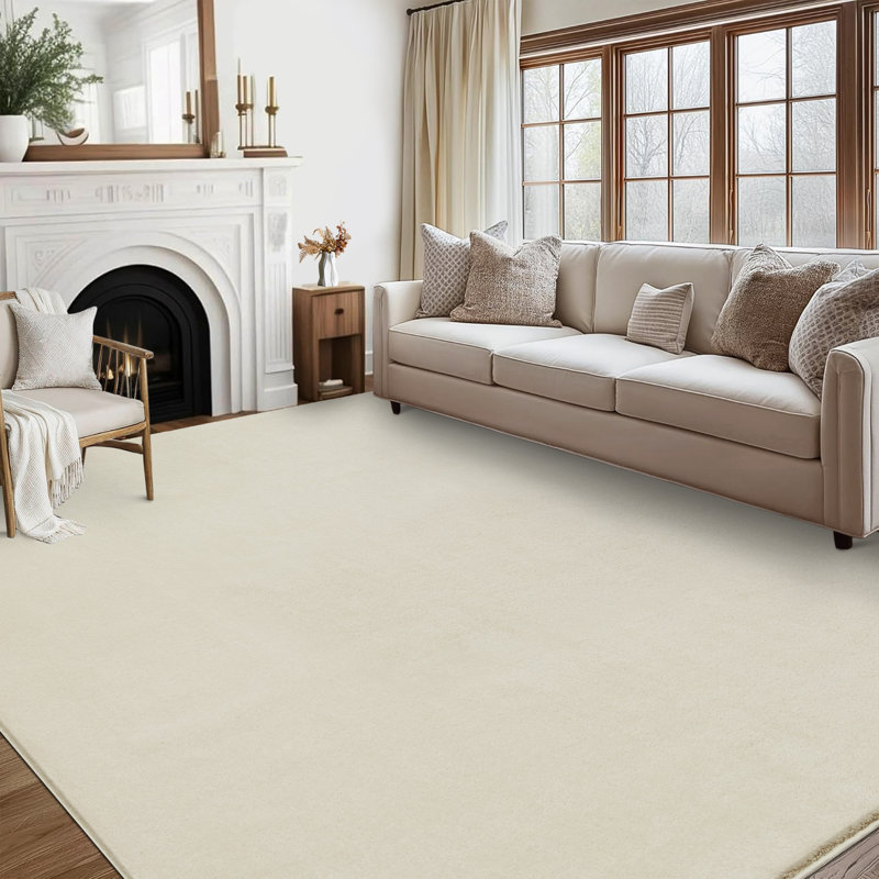Modern Solid Shag Rug for Living Room Bedroom Washable Rugs Wool Rug for Nursery Dorm, Beige, Rectangle 9' x 12'