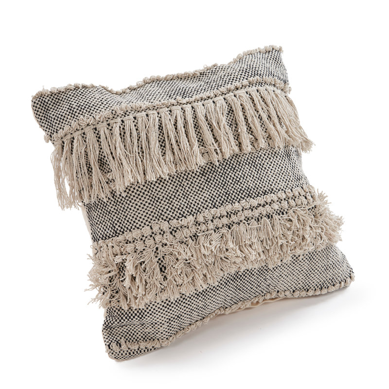 Contemporary Striped Fringed Hand-Made 100% Cotton Decorative Throw Pillow Cover, 20"H x 20"W, Pillow Cover Only - No Insert