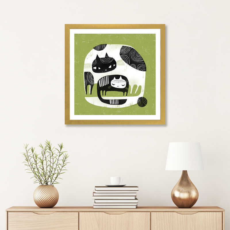 «Cuddle Cats» par Terry Runyan - impression, H 24 po x l 24 po x p 1 po, Papier encadré doré, Blanc