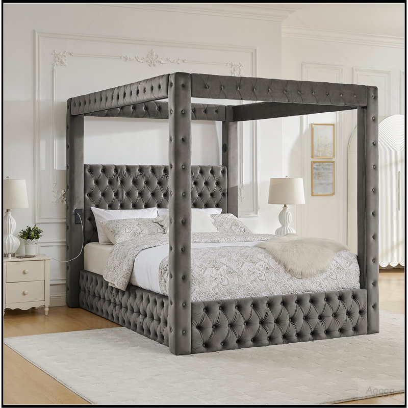 Structure de lit à baldaquin grand lit, lit plateforme tapissier en velours avec tête de lit capitonnée, haut-parleur Bluetooth intégré, ports de charge USB-A et USB-C, sommier robuste, gris