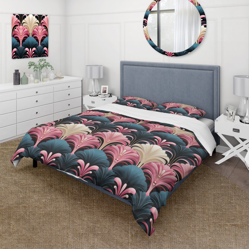 Ensemble de housse de couette damassé rose et bleu Art Deco, Housse de couette pour très grand lit et 2 très