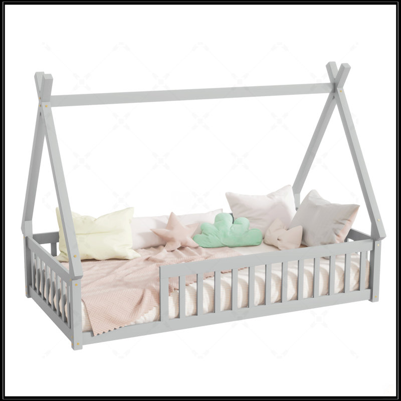 Twin Tent-Shaped Teepee Bed With Guardrails And Slats, Grey, Ideal For Cozy And Safe Sleeping