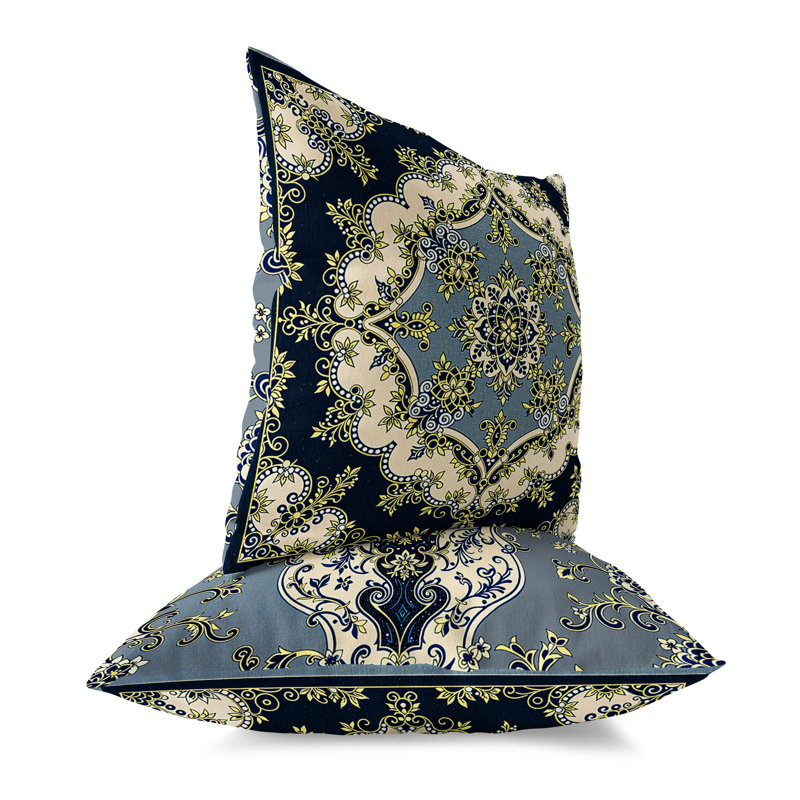Coussin décoratif floral intérieur / extérieur Floral Arabesque, H 16 po x l 16 po, Bleu / Beige