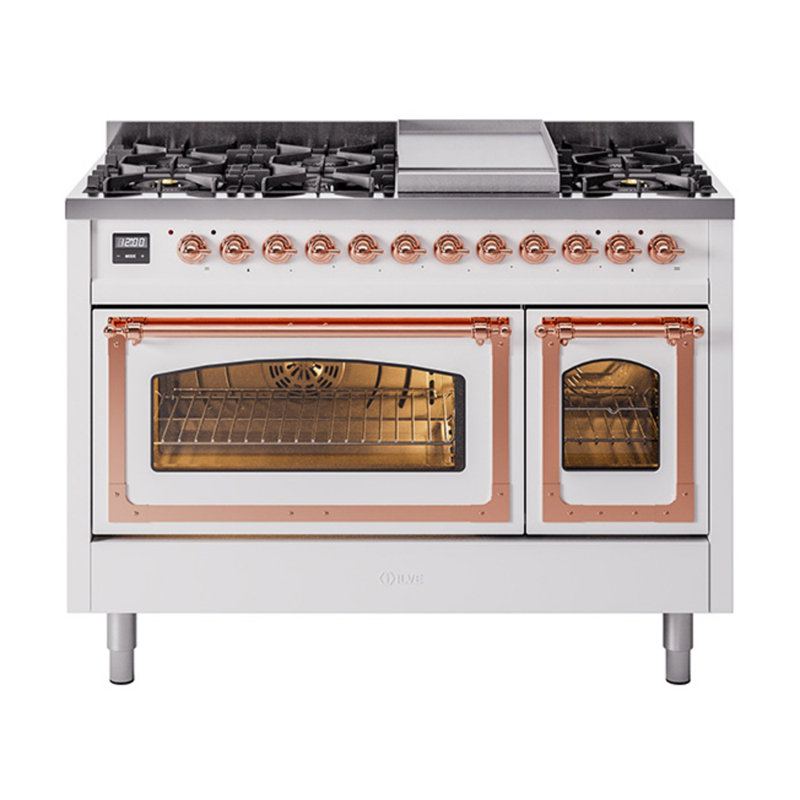 ILVE UN48FNMPEGG Nostalgie II Noblesse 48 inch Dual Fuel Range (8 Sealed Burners + Griddle, Triple Glass Door), White, Copper
