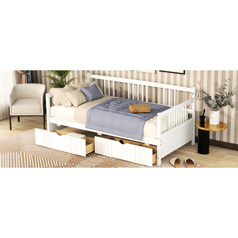 Lit de jour simple blanc avec deux tiroirs - Construit en bois massif pour un lit stable avec des options de rangement pour économiser de l'espace et un look élégant