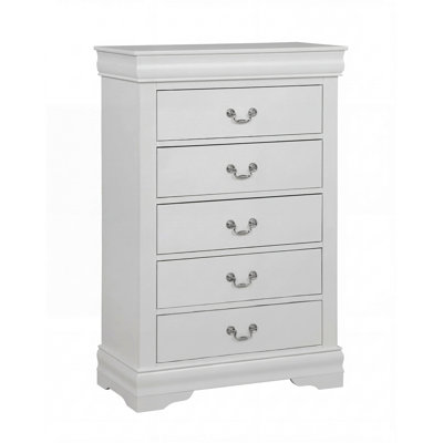Commode Louis Philip à 5 tiroirs, 78,5 cm (L) x 39,6 cm (P) x 121 cm (H), en bois, monobloc, couleur grège, avec système de fermeture amortie et pieds en équerre.