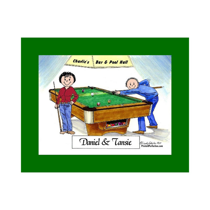 Personalized Billiards, Pool Player Couple Cartoon Caricature with a Mat, Ready to Frame, Yes