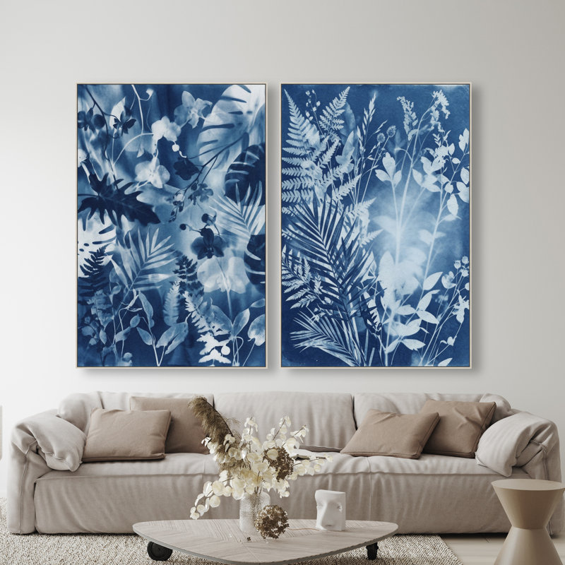 Blue Folliage Set Set by Oliver Gal, 37"H x 55"W, Silver Floater Frame
