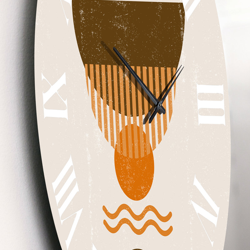 Abstrait abstrait soleil orange minimal et lune brune - horloge murale moderne, Moyenne