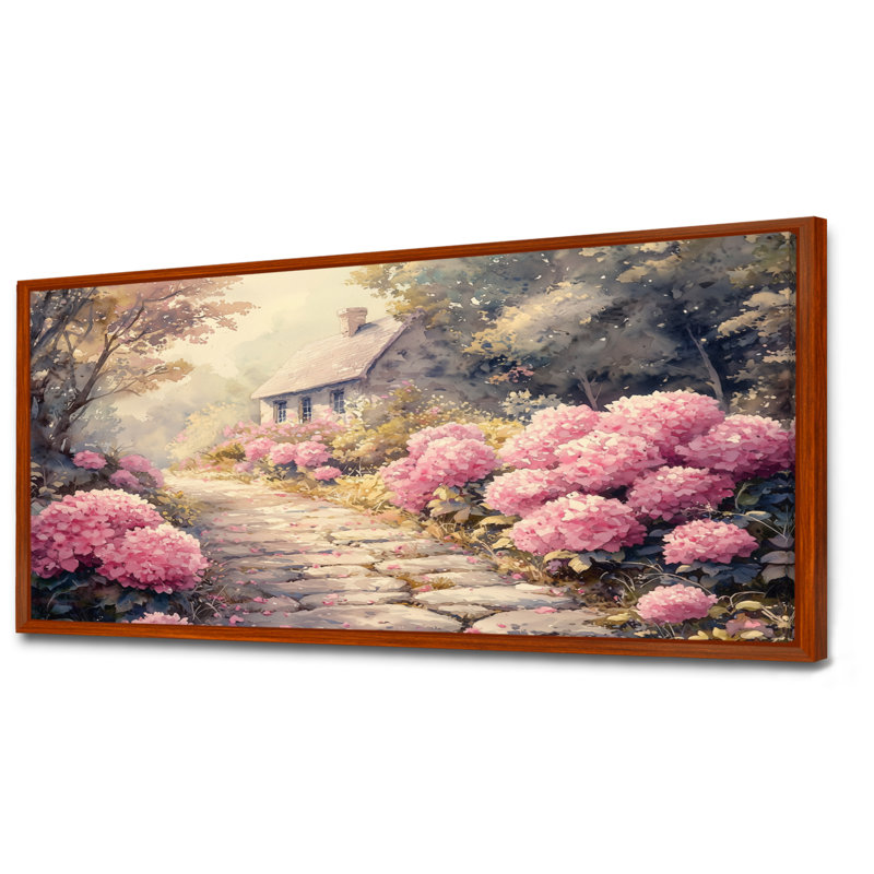 Hortensias par le chemin de pierre IV - hydrangées, art mural, Brun, H 28 po x l 60 po, Impression encadrée flottante