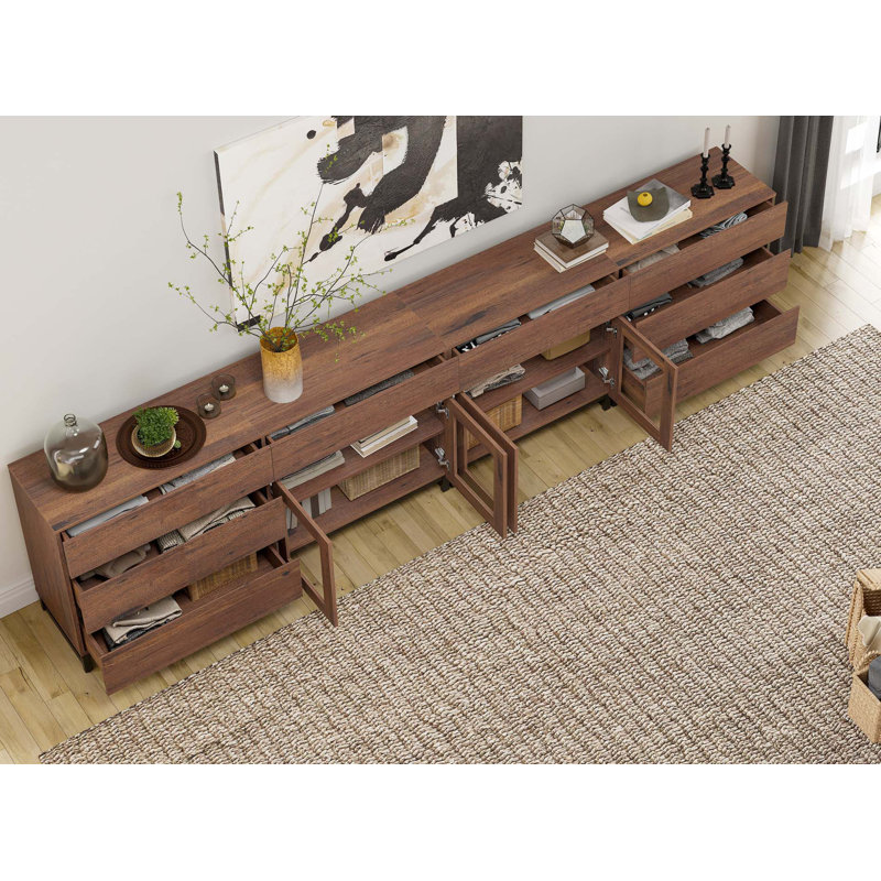 4 In 1 TV Stand For Tvs Up To 120 Inches, Modern TV Console With Glass Doors And 8 Drawers, Entertainment Center With Adjustable Shelf For Living Room