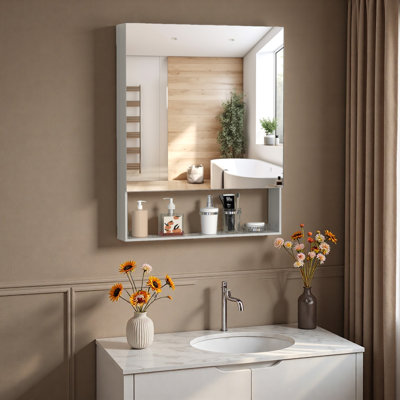 Armoire à pharmacie 24 po x 30 po avec miroir pour salle de bain, miroir de salle de bain mural avec rangement, tablettes réglables, cadre en aluminium, fixation en surface argent