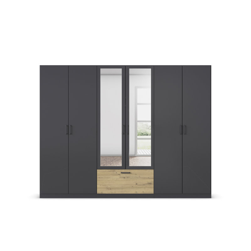 Bari hinged door wardrobe with practical drawers in the middle and handles, 210cm H x 226cm W x 54cm D