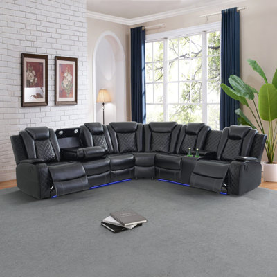 Canapé d'angle inclinable 3 pièces en cuir respirant noir, avec fonction relax électrique intelligente, chargeur USB, tablette de chargement sans fil, accoudoirs de rangement et éclairage DEL, structure en bois massif.