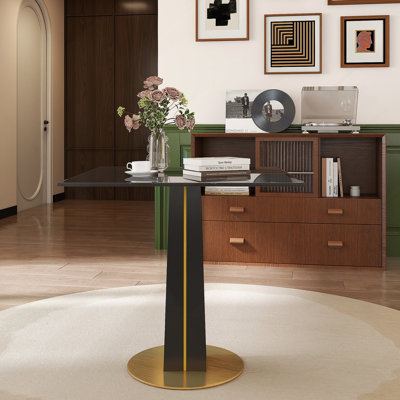 Table de ronde ronde moderne - plateau en verre trempé noir de 85 cm, pieds en bois noir avec base en métal doré
